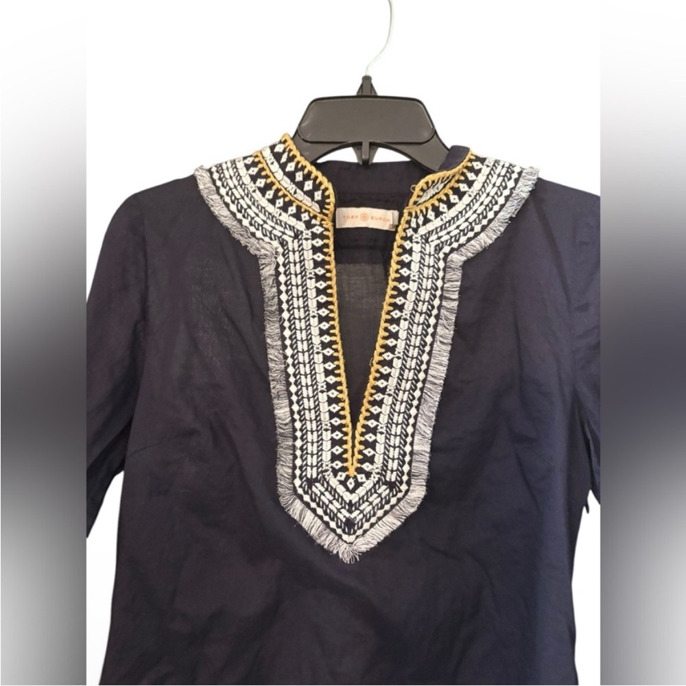 Tory Burch Navy Top with Gold and White Embroidery, size 6 - Picture 4 of 6